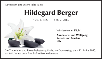 Traueranzeige von Hildegard Berger von Odenwälder Echo