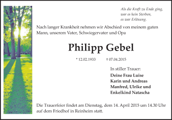 Traueranzeige von Philipp Gebel von Darmstädter Echo, Odenwälder Echo, Rüsselsheimer Echo, Groß-Gerauer-Echo, Ried Echo