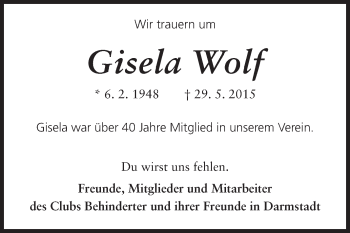 Traueranzeige von Gisela Wolf von Echo-Zeitungen (Gesamtausgabe)