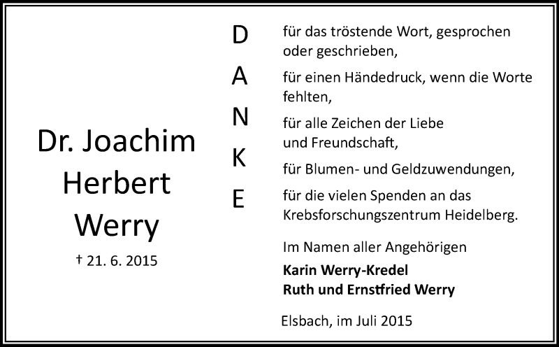 Traueranzeige für Joachim Herbert Werry vom 25.07.2015 aus Odenwälder Echo