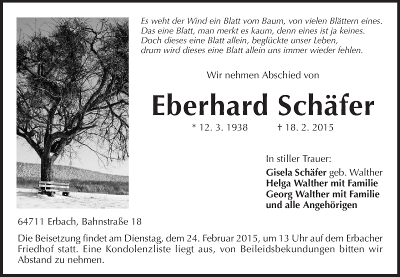  Traueranzeige für Eberhard Schäfer vom 21.02.2015 aus Odenwälder Echo