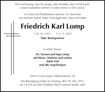 Traueranzeige von Friedrich Karl Lomp von Rüsselsheimer Echo, Groß-Gerauer-Echo, Ried Echo