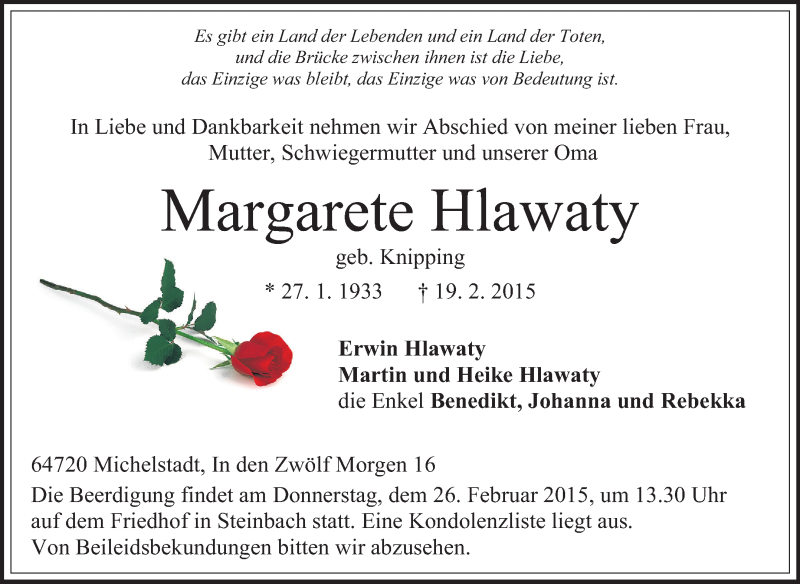  Traueranzeige für Margarete Hlawaty vom 24.02.2015 aus Odenwälder Echo