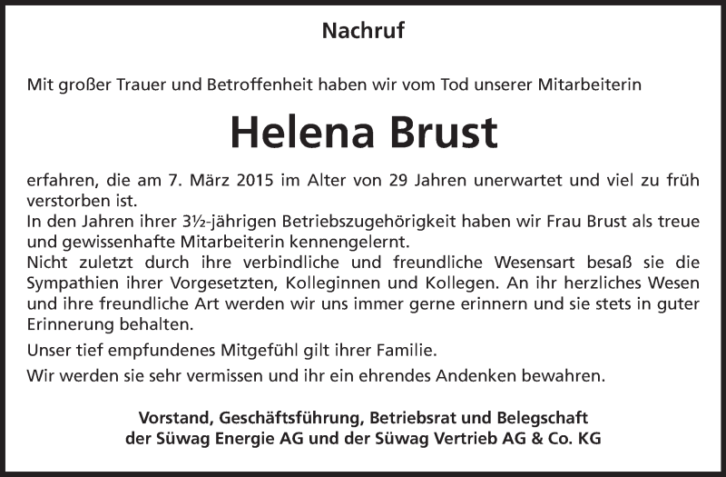 Traueranzeige für Helena Brust vom 20.03.2015 aus Odenwälder Echo