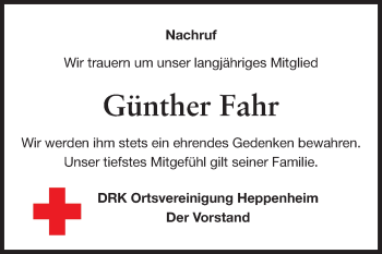 Traueranzeige von Günther Fahr von Starkenburger Echo