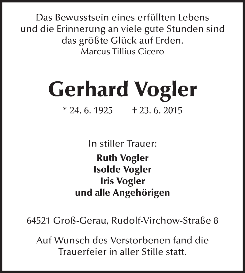  Traueranzeige für Gerhard Vogler vom 04.07.2015 aus Rüsselsheimer Echo, Groß-Gerauer-Echo, Ried Echo