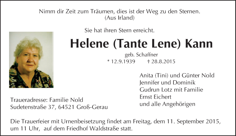  Traueranzeige für Helene Kann vom 08.09.2015 aus trauer.echo-online.de