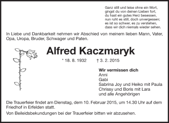 Traueranzeige von Alfred Kaczmaryk von Rüsselsheimer Echo, Groß-Gerauer-Echo, Ried Echo