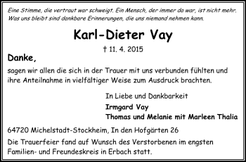 Traueranzeige von Karl-Dieter Vay von Odenwälder Echo