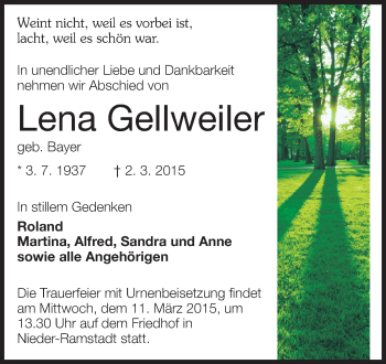 Traueranzeige von Lena Gellweiler von Echo-Zeitungen (Gesamtausgabe)