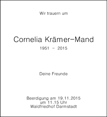Traueranzeige von Cornelia Krämer-Mand von trauer.echo-online.de