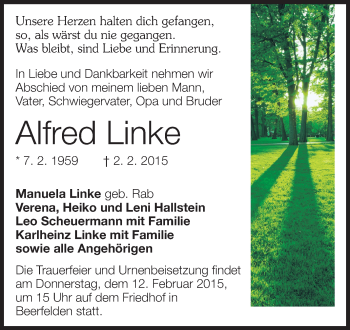 Traueranzeige von Alfred Linke von Odenwälder Echo