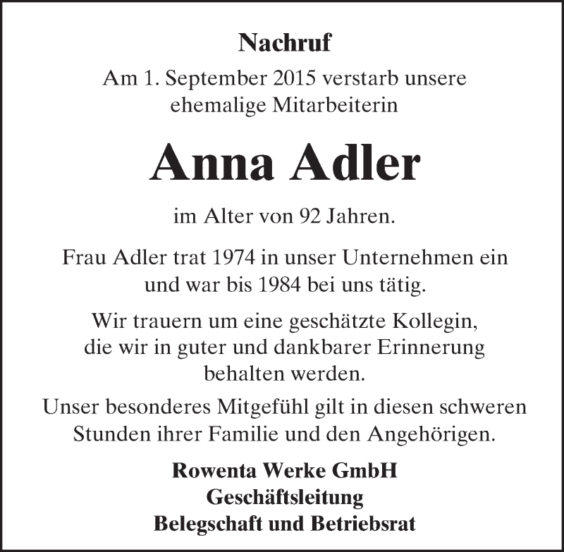  Traueranzeige für Anna Adler vom 09.09.2015 aus trauer.echo-online.de