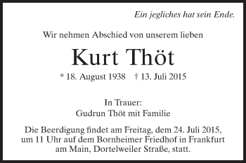 Traueranzeige von Kurt Thöt von Odenwälder Echo