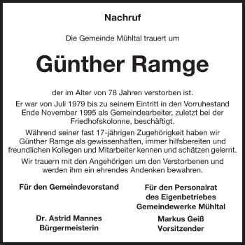 Traueranzeige von Günther Ramge von Echo-Zeitungen (Gesamtausgabe)