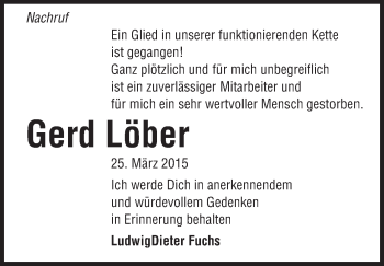 Traueranzeige von Gerd Löber von Echo-Zeitungen (Gesamtausgabe)