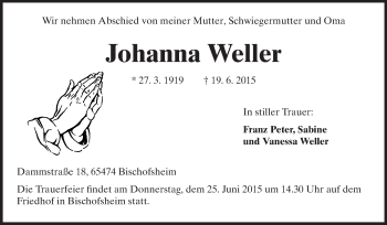Traueranzeige von Johanna Weller von Rüsselsheimer Echo, Groß-Gerauer-Echo, Ried Echo