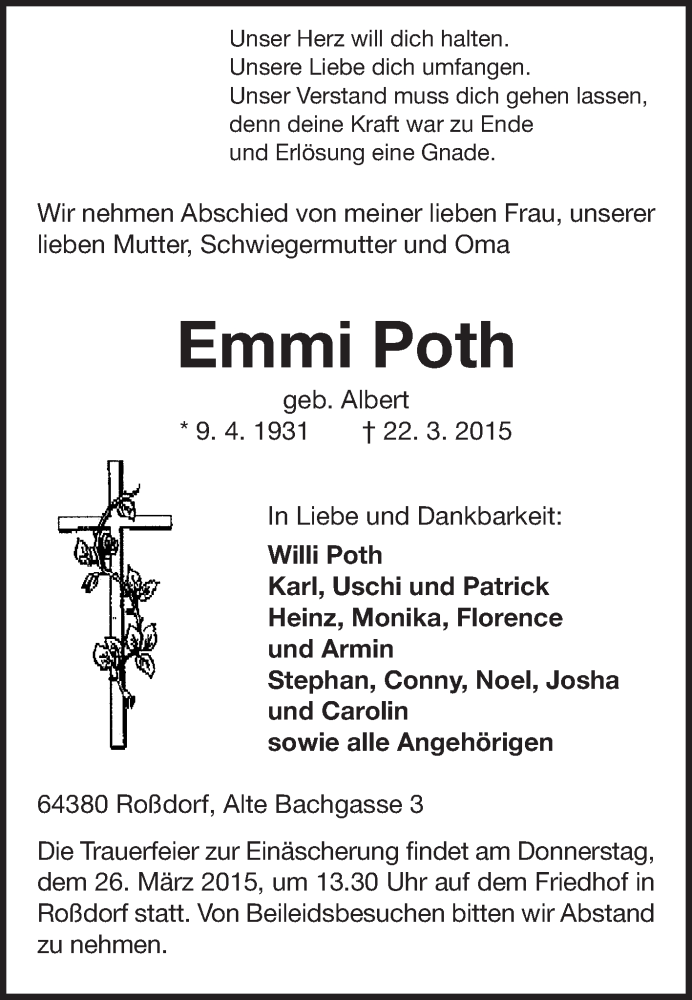  Traueranzeige für Emmi Poth vom 24.03.2015 aus Echo-Zeitungen (Gesamtausgabe)