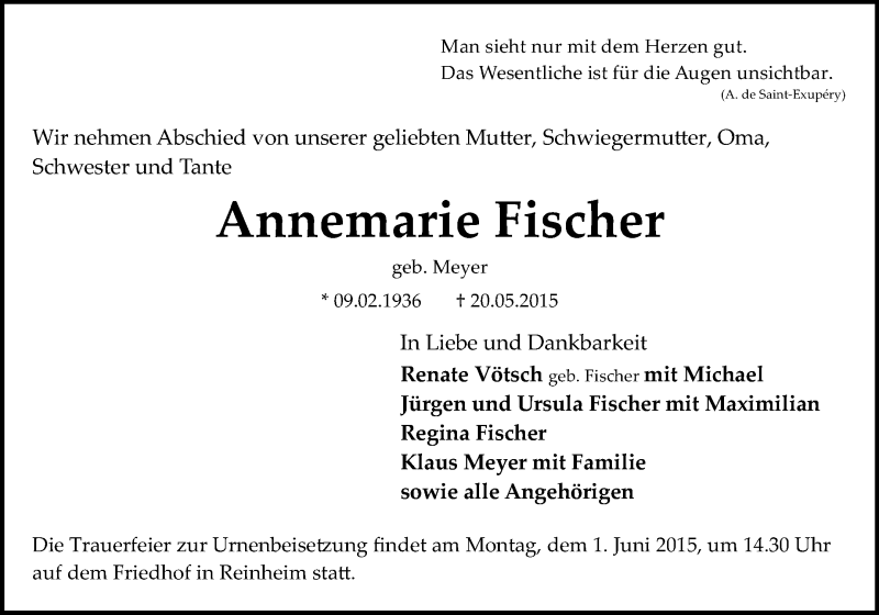  Traueranzeige für Annamarie Fischer vom 28.05.2015 aus Echo-Zeitungen (Gesamtausgabe)