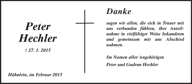  Traueranzeige für Peter Hechler vom 14.02.2015 aus Echo-Zeitungen (Gesamtausgabe)