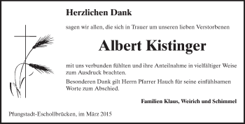 Traueranzeige von Albert Kistinger von Echo-Zeitungen (Gesamtausgabe)