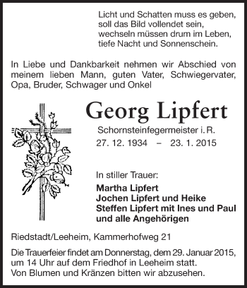 Traueranzeige von Georg Lipfert von Rüsselsheimer Echo, Groß-Gerauer-Echo, Ried Echo
