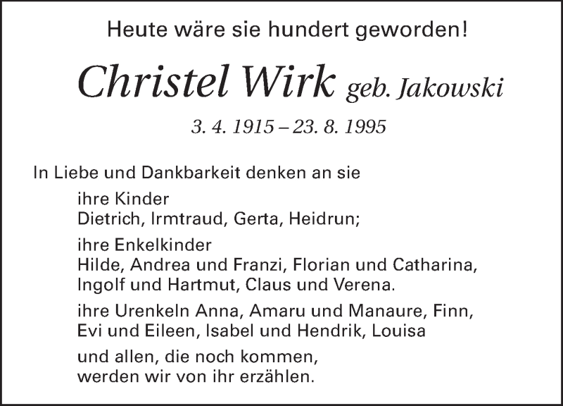  Traueranzeige für Christel Wirk vom 02.04.2015 aus Echo-Zeitungen (Gesamtausgabe)