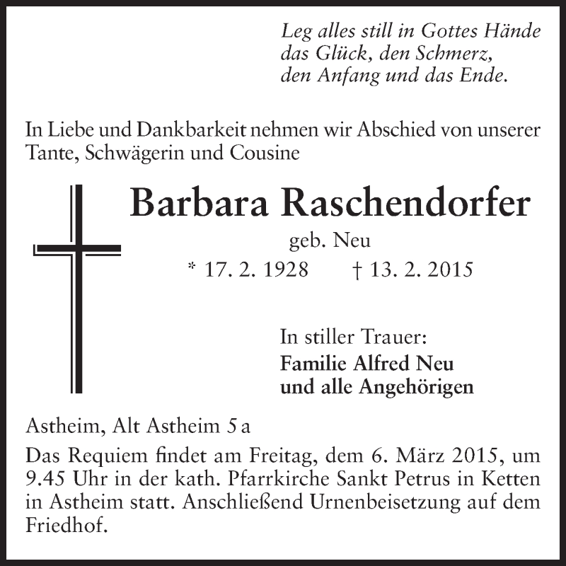  Traueranzeige für Barbara Raschendorfer vom 28.02.2015 aus Rüsselsheimer Echo, Groß-Gerauer-Echo, Ried Echo