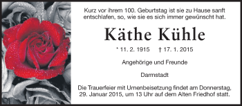 Traueranzeige von Käthe Kühle von Echo-Zeitungen (Gesamtausgabe)