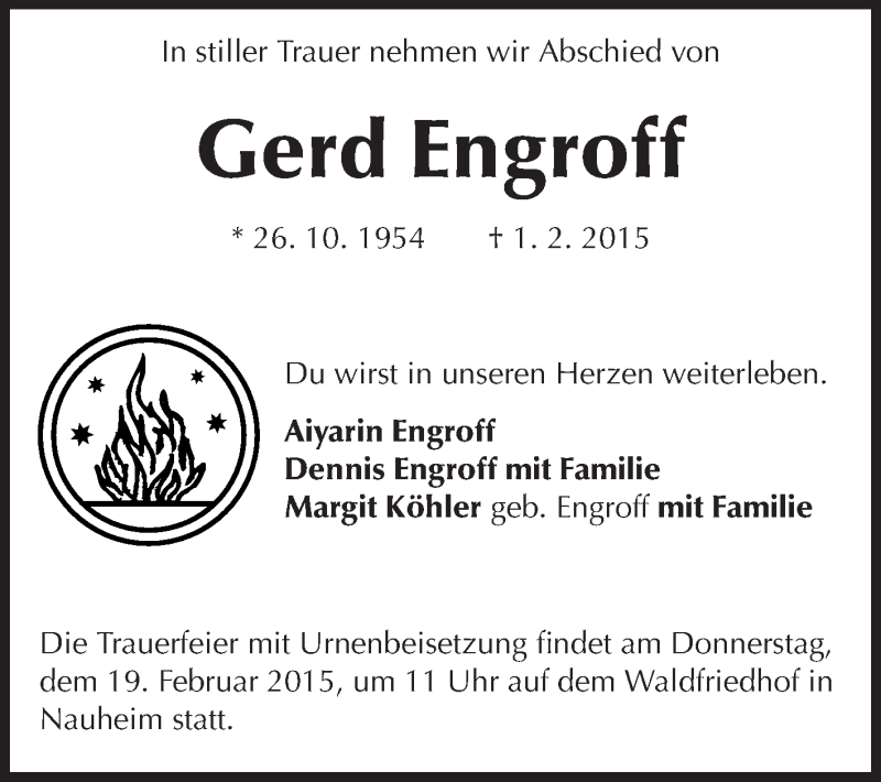  Traueranzeige für Gerd Engroff vom 14.02.2015 aus Rüsselsheimer Echo, Groß-Gerauer-Echo, Ried Echo