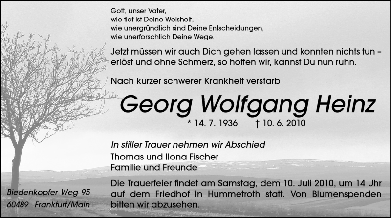  Traueranzeige für Georg Wolfgang Heinz vom 03.07.2010 aus Odenwälder Echo