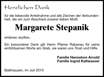Traueranzeige von Margarete Stepanik von Echo-Zeitungen (Gesamtausgabe)