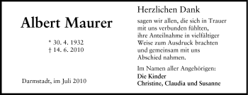 Traueranzeige von Albert Maurer von Darmstädter Echo, Odenwälder Echo, Rüsselsheimer Echo, Groß-Gerauer-Echo, Ried Echo