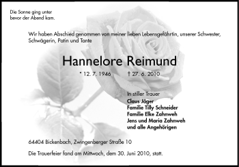 Traueranzeige von Hannelore Reimund von Darmstädter Echo, Odenwälder Echo, Rüsselsheimer Echo, Groß-Gerauer-Echo, Ried Echo