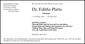 Traueranzeige von Editha Platte von Echo-Zeitungen (Gesamtausgabe)