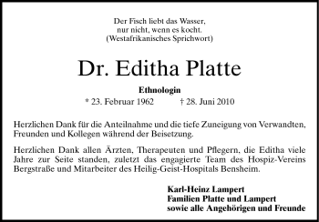 Traueranzeige von Editha Platte von Echo-Zeitungen (Gesamtausgabe)