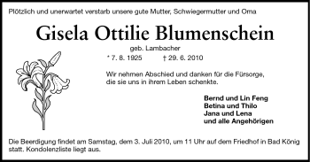 Traueranzeige von Gisela Ottilie Blumenschein von Odenwälder Echo