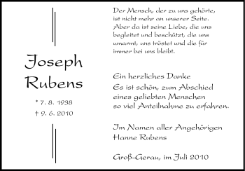 Traueranzeige von Joseph Rubens von Rüsselsheimer Echo, Groß-Gerauer-Echo, Ried Echo