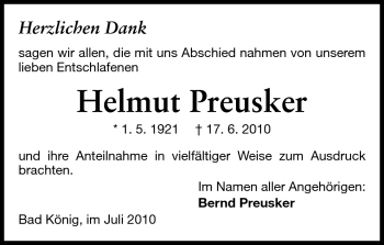 Traueranzeige von Helmut Preusker von Odenwälder Echo