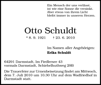 Traueranzeige von Otto Schuldt von Darmstädter Echo, Odenwälder Echo, Rüsselsheimer Echo, Groß-Gerauer-Echo, Ried Echo