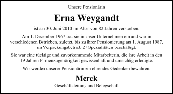 Traueranzeige von Erna Weygandt von Darmstädter Echo, Odenwälder Echo, Rüsselsheimer Echo, Groß-Gerauer-Echo, Ried Echo