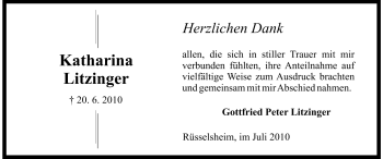 Traueranzeige von Katharina Litzinger von Rüsselsheimer Echo, Groß-Gerauer-Echo, Ried Echo