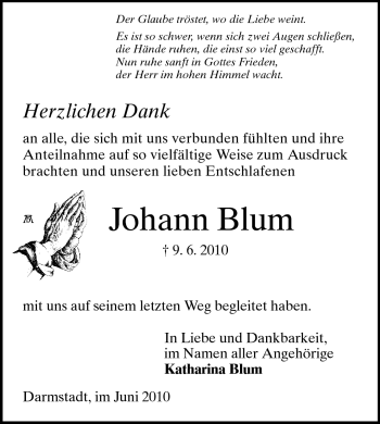 Traueranzeige von Johann Blum von Darmstädter Echo, Odenwälder Echo, Rüsselsheimer Echo, Groß-Gerauer-Echo, Ried Echo