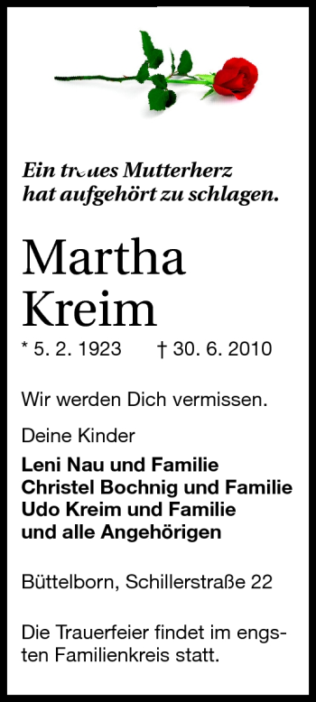 Traueranzeige von Martha Kreim von Rüsselsheimer Echo, Groß-Gerauer-Echo, Ried Echo