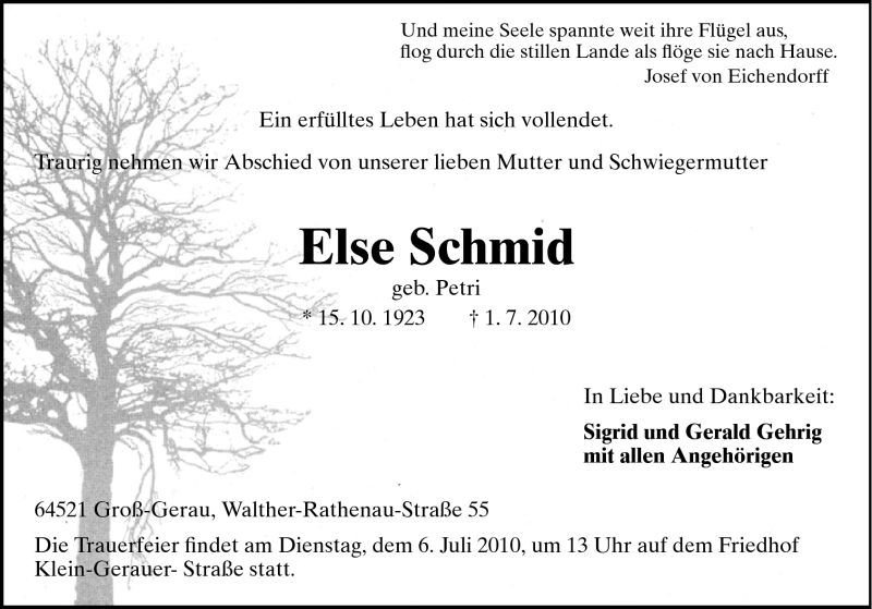  Traueranzeige für Else Schmid vom 03.07.2010 aus Rüsselsheimer Echo, Groß-Gerauer-Echo, Ried Echo
