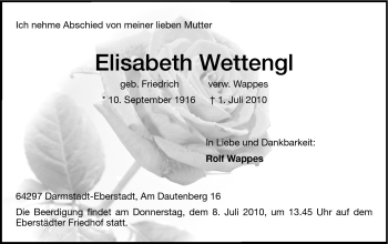 Traueranzeige von Elisabeth Wettengel von Echo-Zeitungen (Gesamtausgabe)