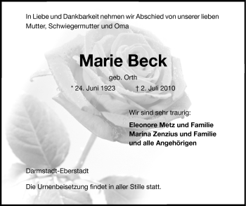 Traueranzeige von Marie Beck von Darmstädter Echo, Odenwälder Echo, Rüsselsheimer Echo, Groß-Gerauer-Echo, Ried Echo