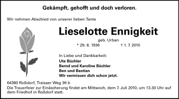 Traueranzeige von Lieselotte Ennnigkeit von Darmstädter Echo, Odenwälder Echo, Rüsselsheimer Echo, Groß-Gerauer-Echo, Ried Echo