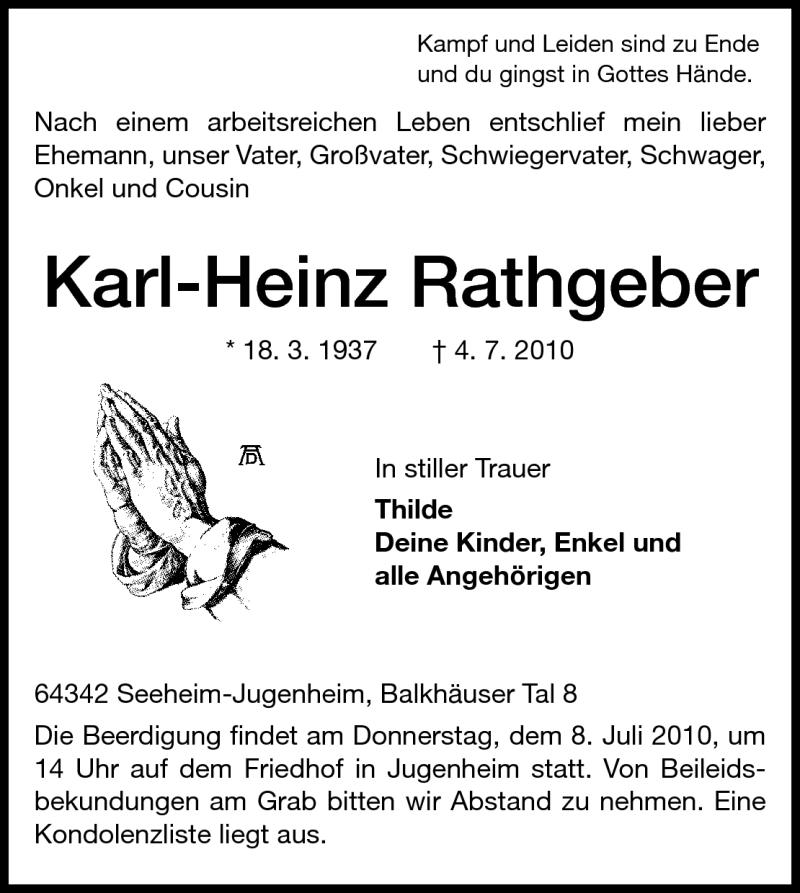  Traueranzeige für Karl-Heinz Rathgeber vom 06.07.2010 aus Echo-Zeitungen (Gesamtausgabe)