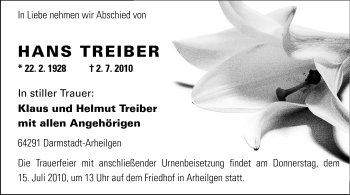 Traueranzeige von Hans Treiber von Darmstädter Echo, Odenwälder Echo, Rüsselsheimer Echo, Groß-Gerauer-Echo, Ried Echo